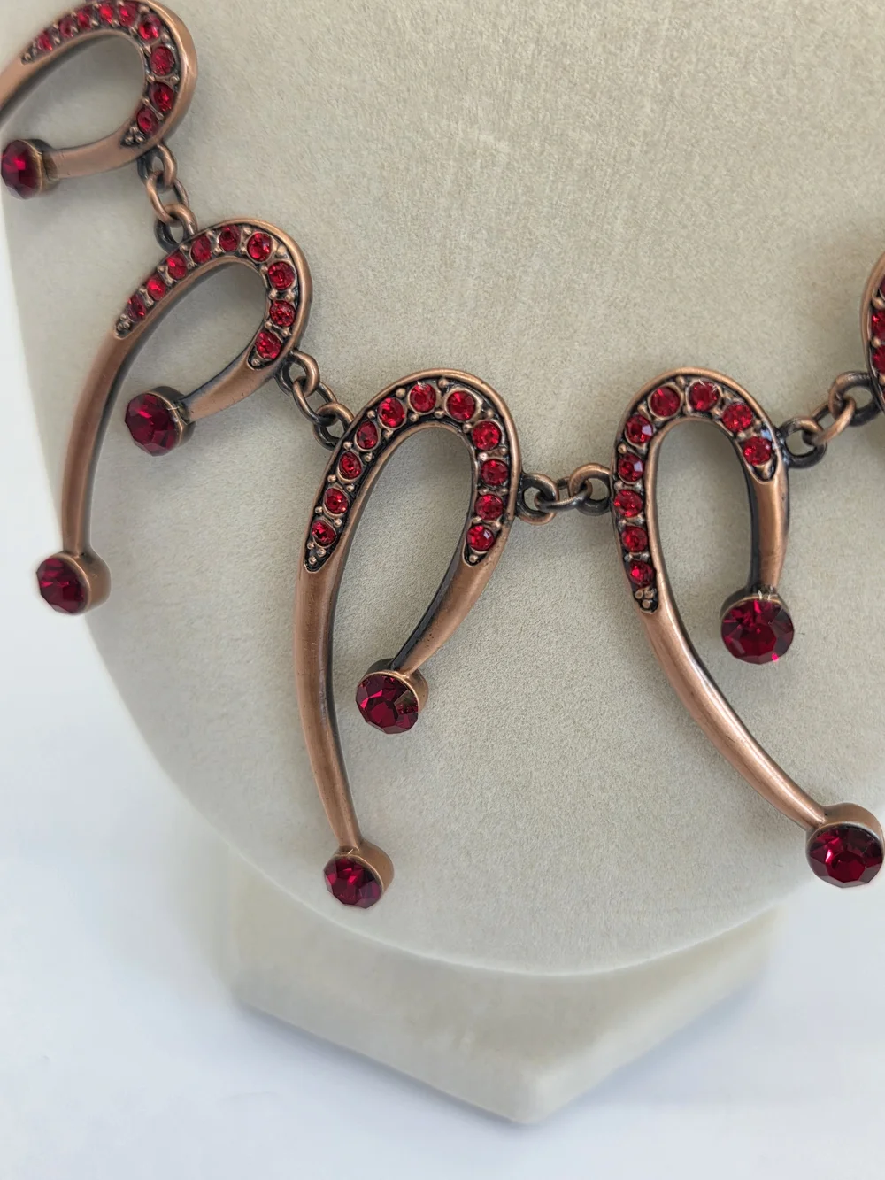 Red Crystal Crescent Drop Necklace and Earring Set, Copper Tone